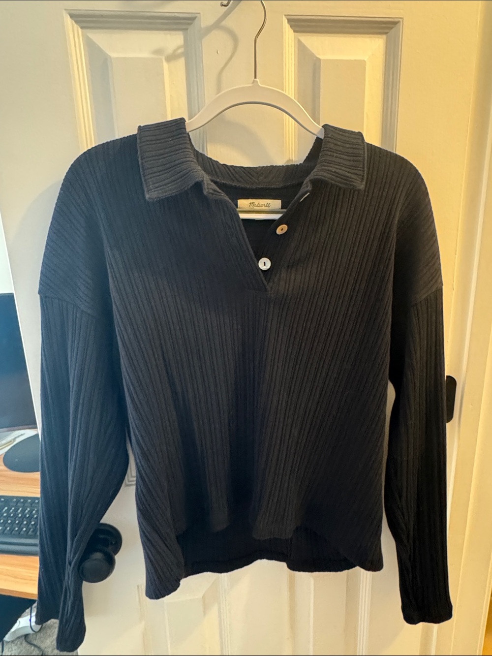 Madewell Black Ribbed V-Neck Polo